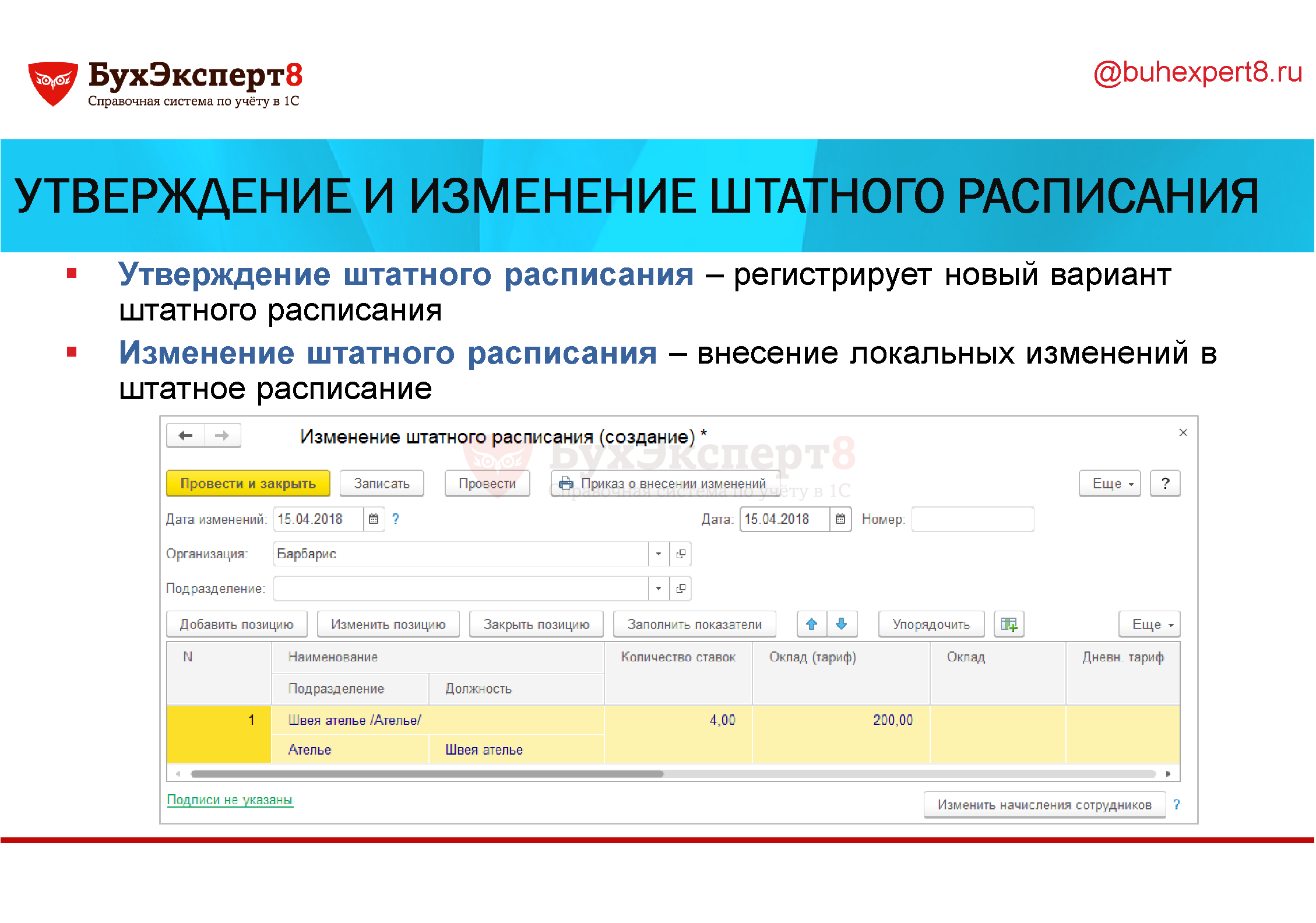 Утверждение и изменение штатного расписания Утверждение штатного расписания – регистрирует новый вариант штатного расписания Изменение штатного расписания – внесение локальных изменений в штатное расписание Утверждение и изменение штатного расписания Утверждение штатного расписания – регистрирует новый вариант штатного расписания Изменение штатного расписания – внесение локальных изменений в штатное расписание