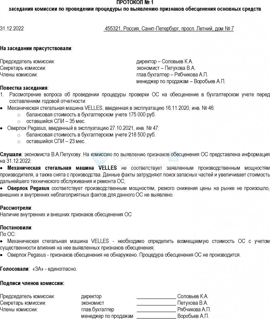 Протокол заседания комиссии по определению признаков обесценения ОС