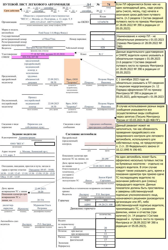 Путевые листы с 1 сентября 2023 года — изменения, формы, образцы